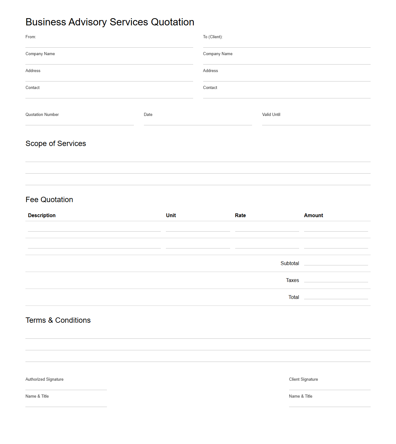 Blank Business Advisory Services Quotation Template