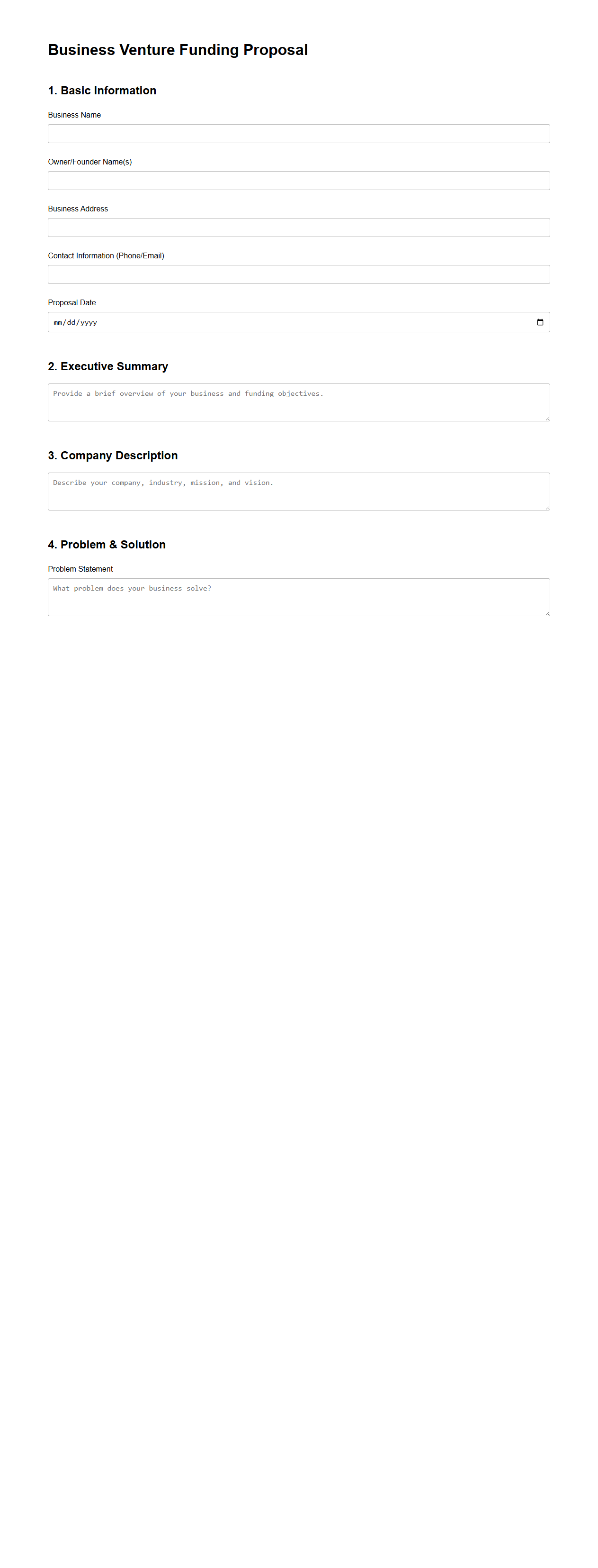 Blank Business Venture Funding Proposal Template