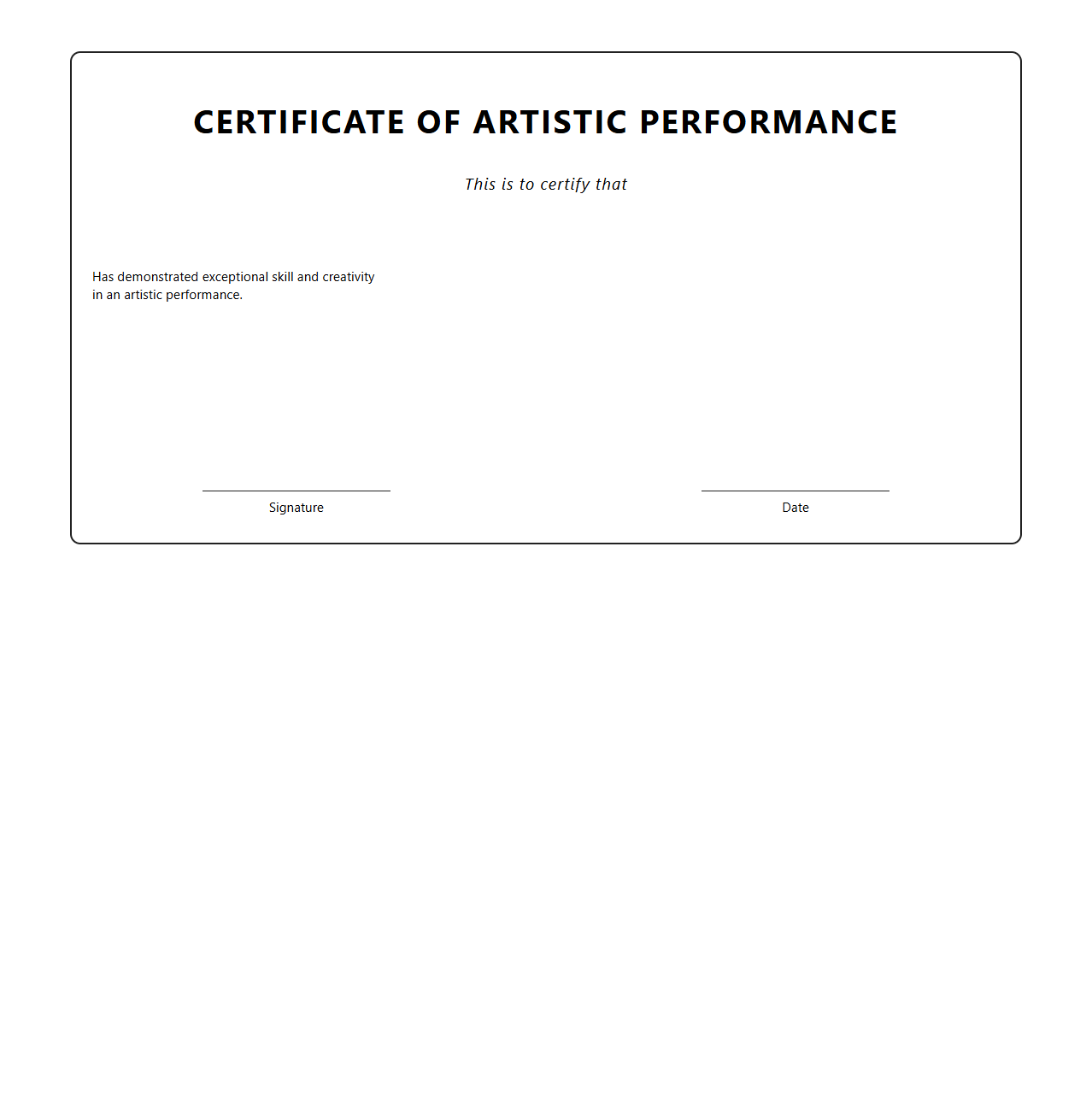 Blank Certificate Template for Artistic Performance