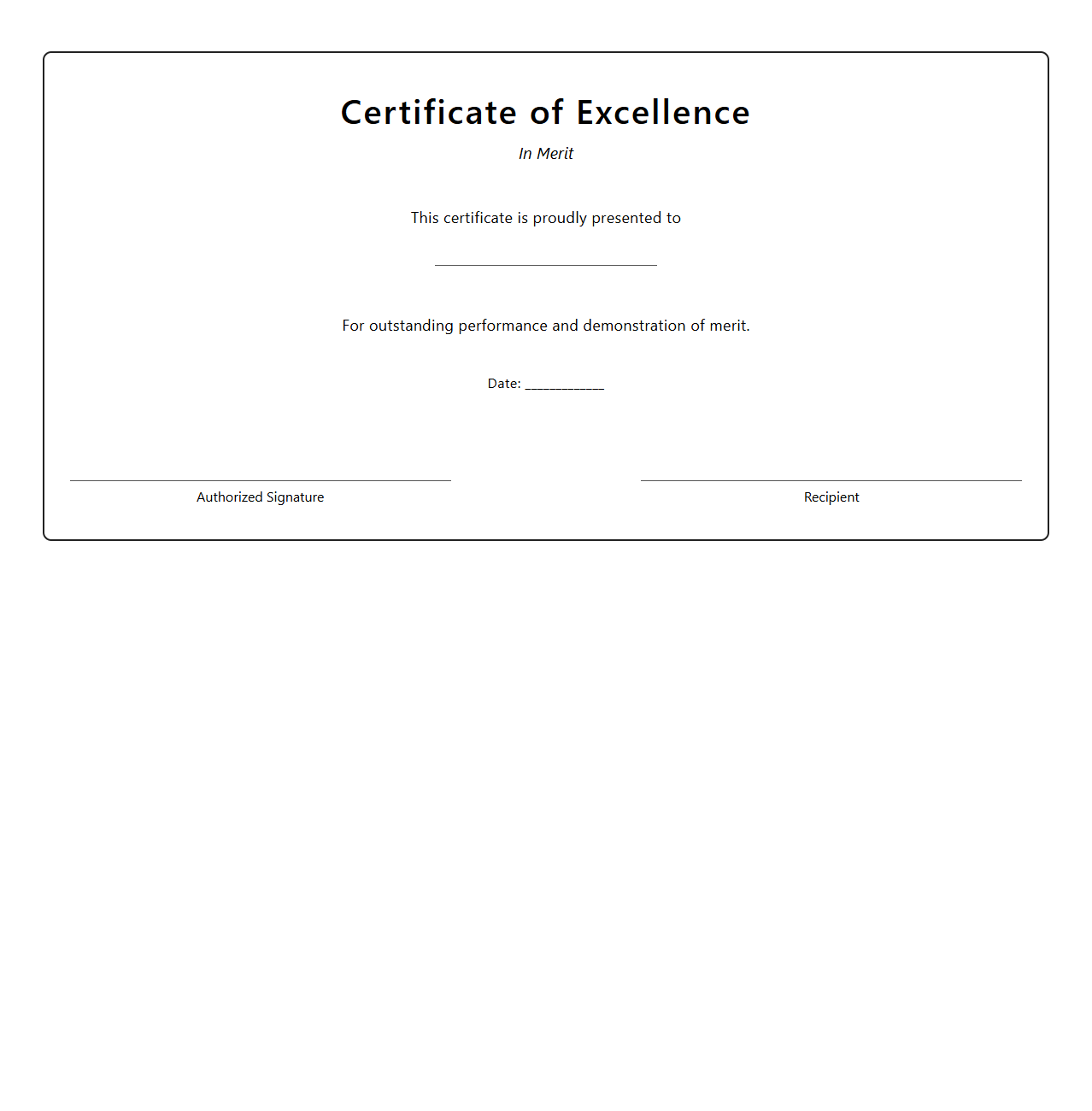 Blank Certificate Template for Excellence in Merit