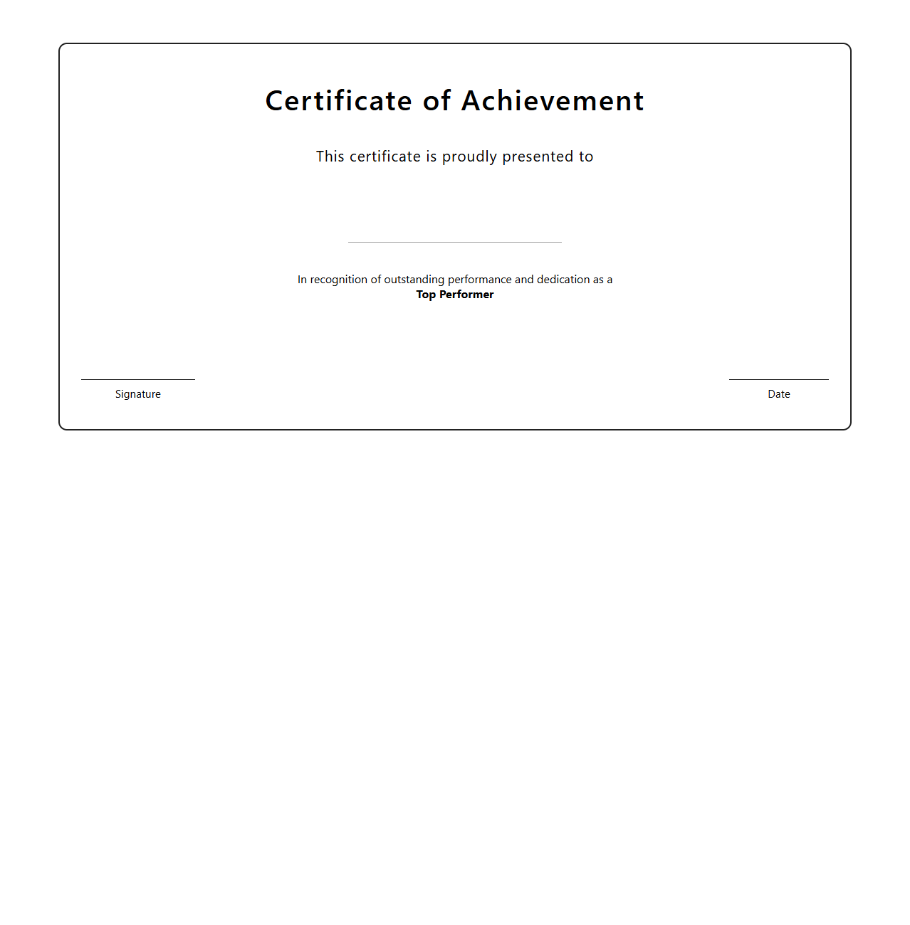 Blank Certificate Template for Top Performer