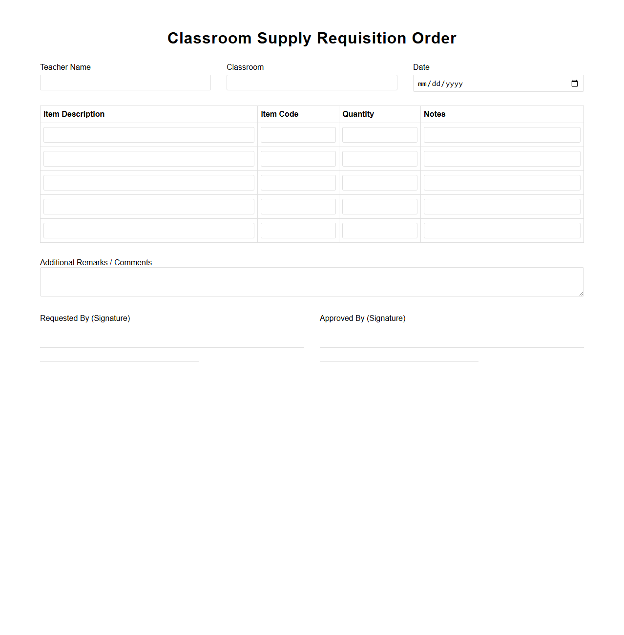 Blank Classroom Supply Requisition Order Template