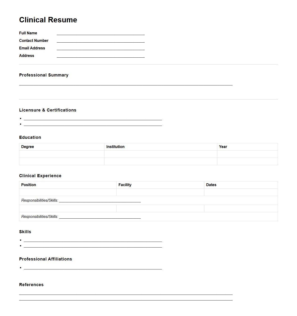 Blank Clinical Resume Template for Hospital Positions