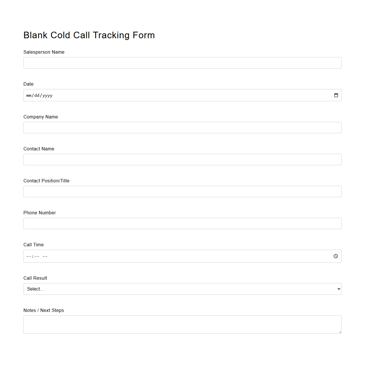 Blank Cold Call Tracking Form for Sales