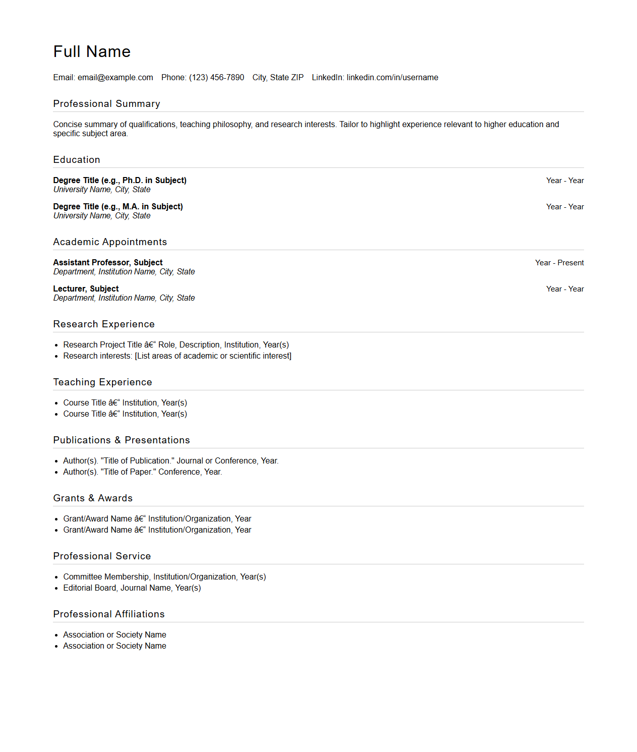 Blank College Professor Resume Template for Higher Education Careers