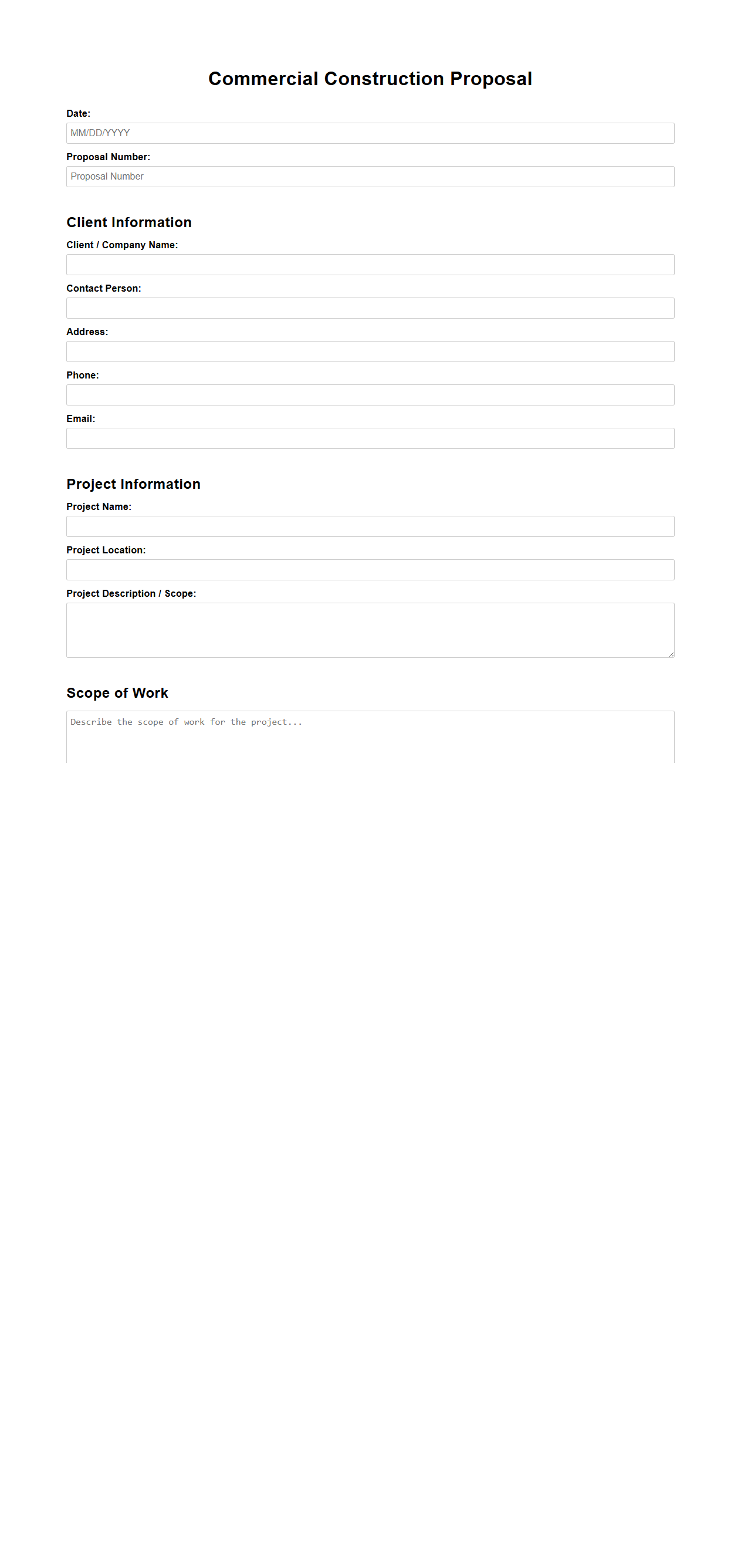 Blank Commercial Construction Proposal Template