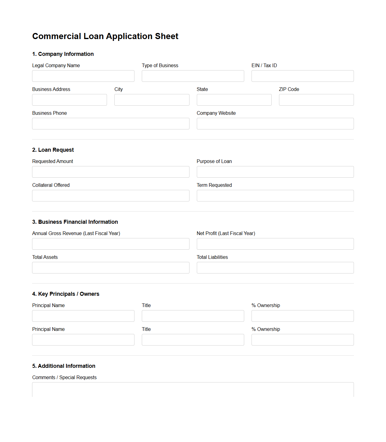 Blank Commercial Loan Application Sheet for Corporate Financing