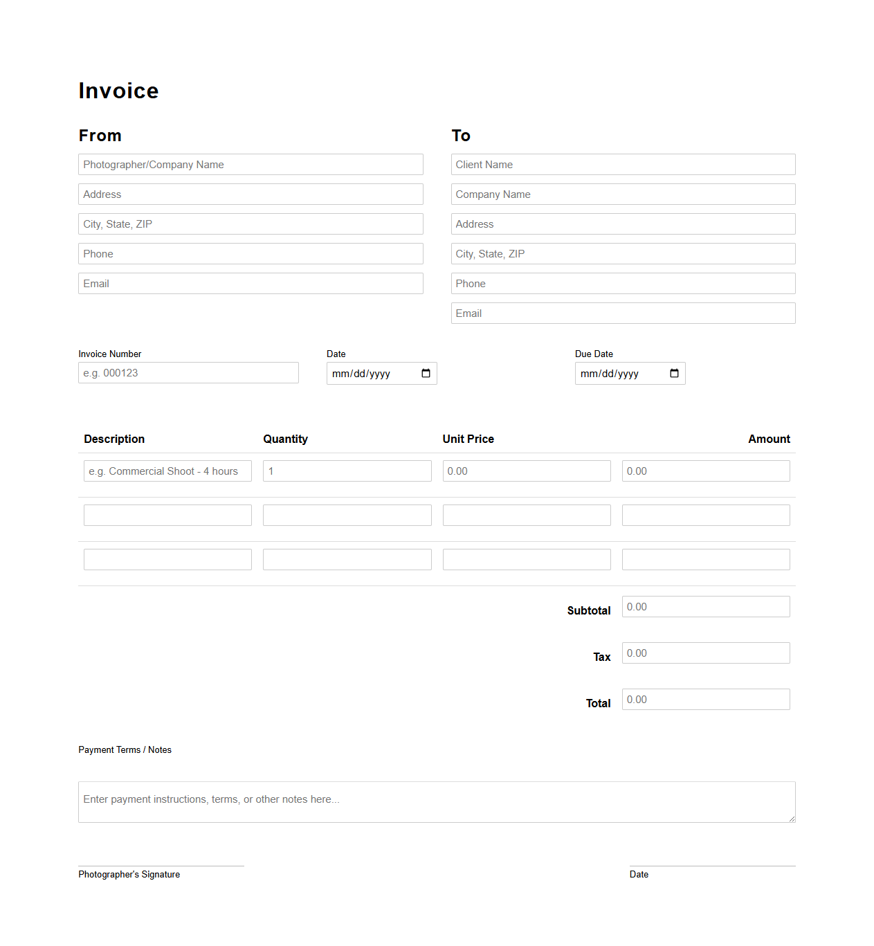 Blank Commercial Photography Invoice Template