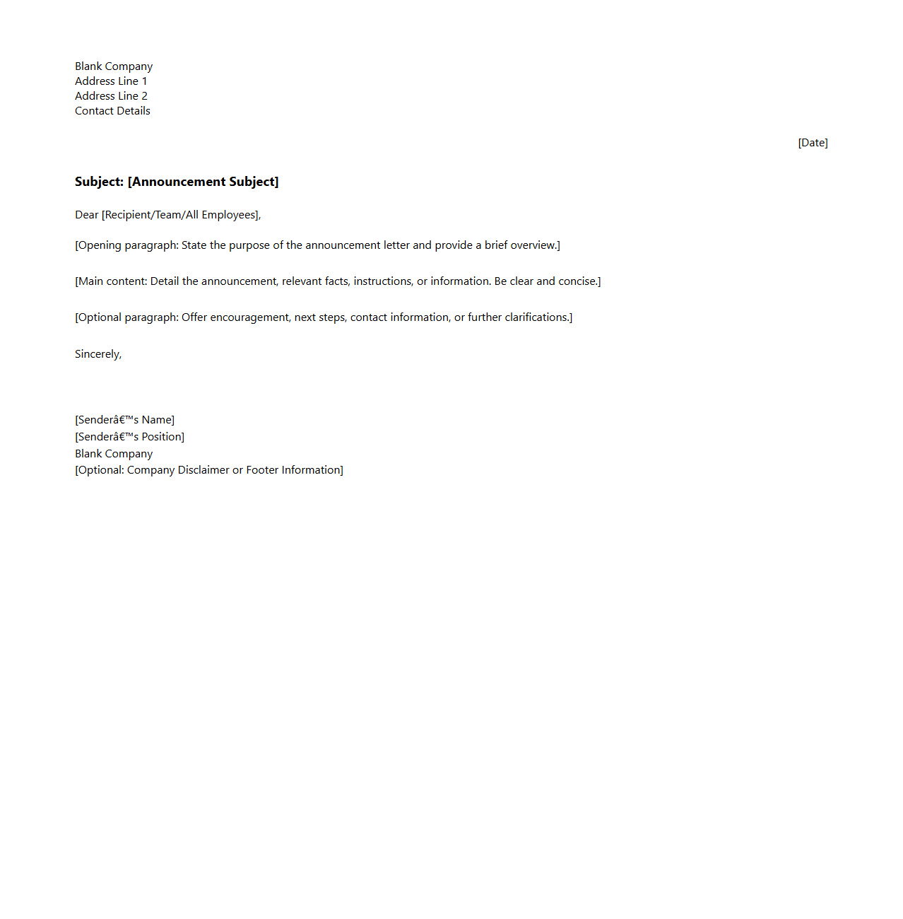 Blank Company Announcement Letter Structure