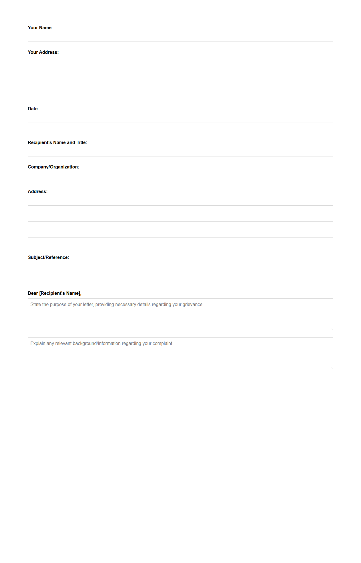 Blank Complaint Letter Template for Formal Grievances