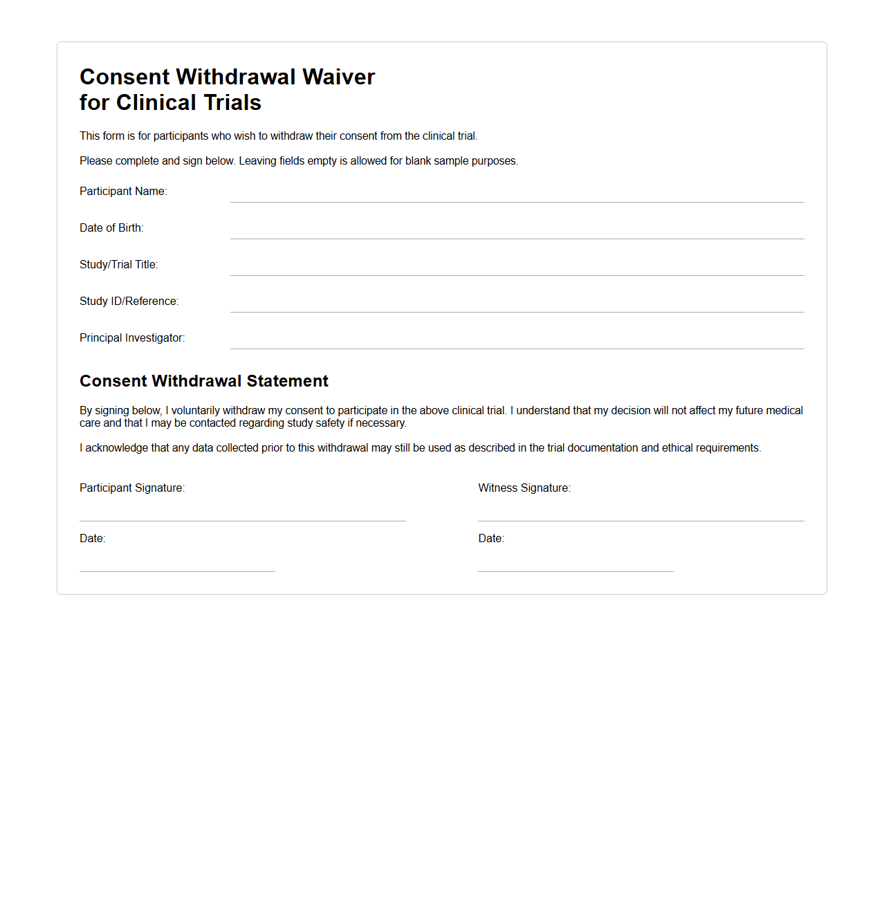 Blank Consent Withdrawal Waiver for Clinical Trials