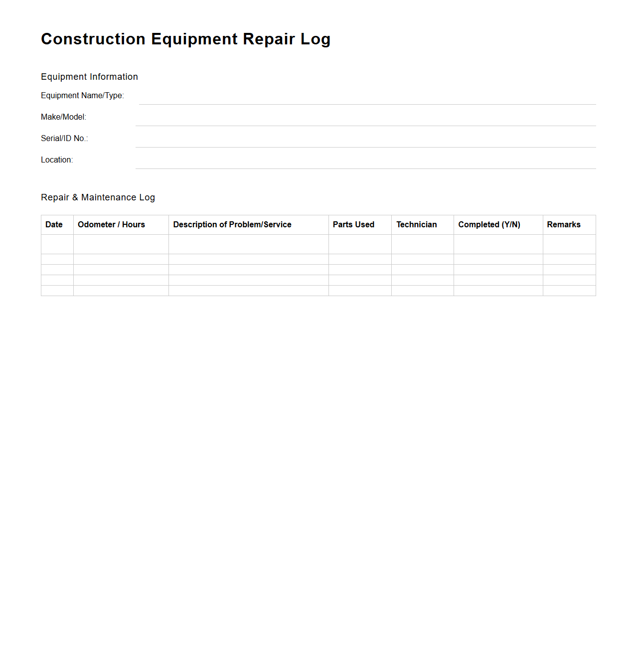 Blank Construction Equipment Repair Log Template