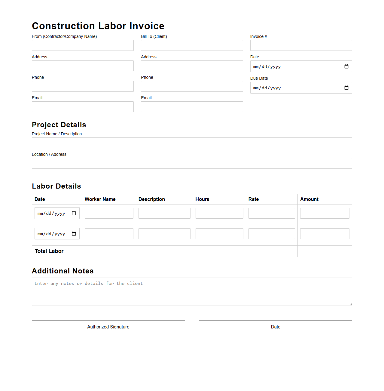 Blank Construction Labor Invoice Template