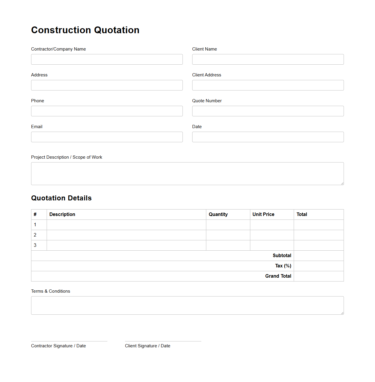 Blank Construction Quotation Template for Contracts