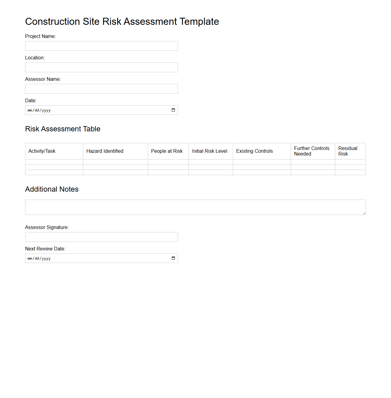 Blank Construction Site Risk Assessment Template