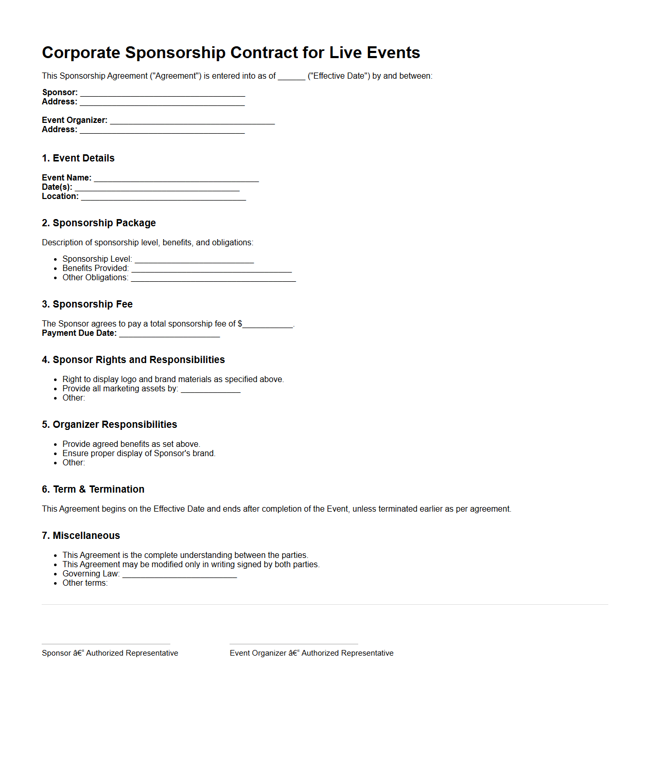 Blank Corporate Sponsorship Contract for Live Events