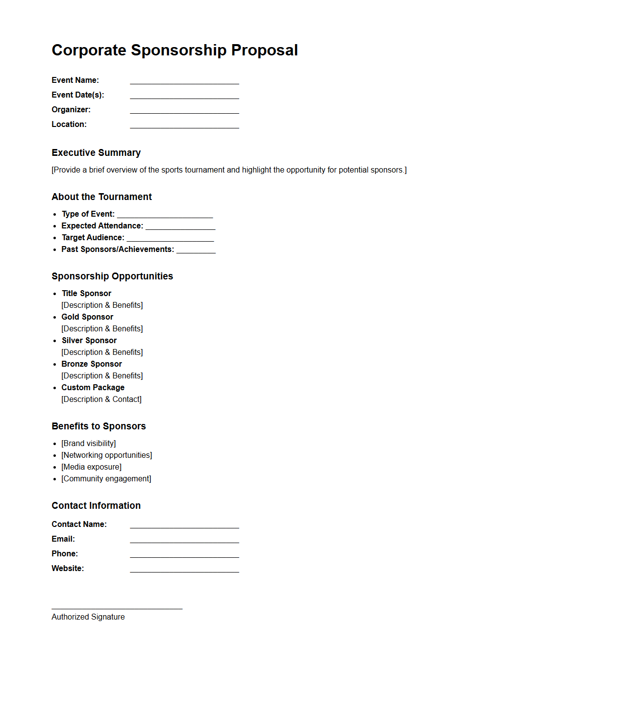 Blank Corporate Sponsorship Proposal Template for Sports Tournaments