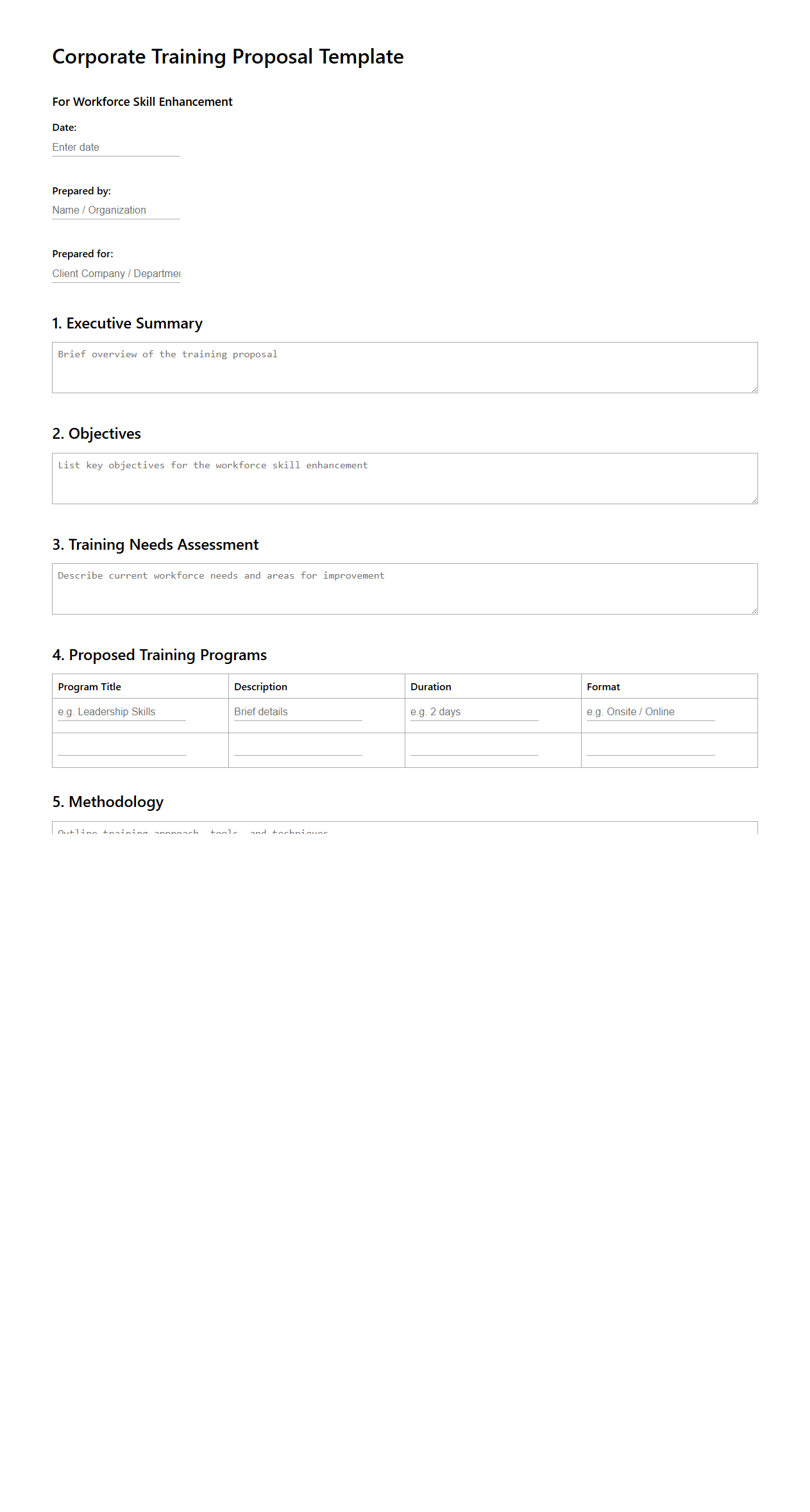 Blank Corporate Training Proposal Template for Workforce Skill Enhancement