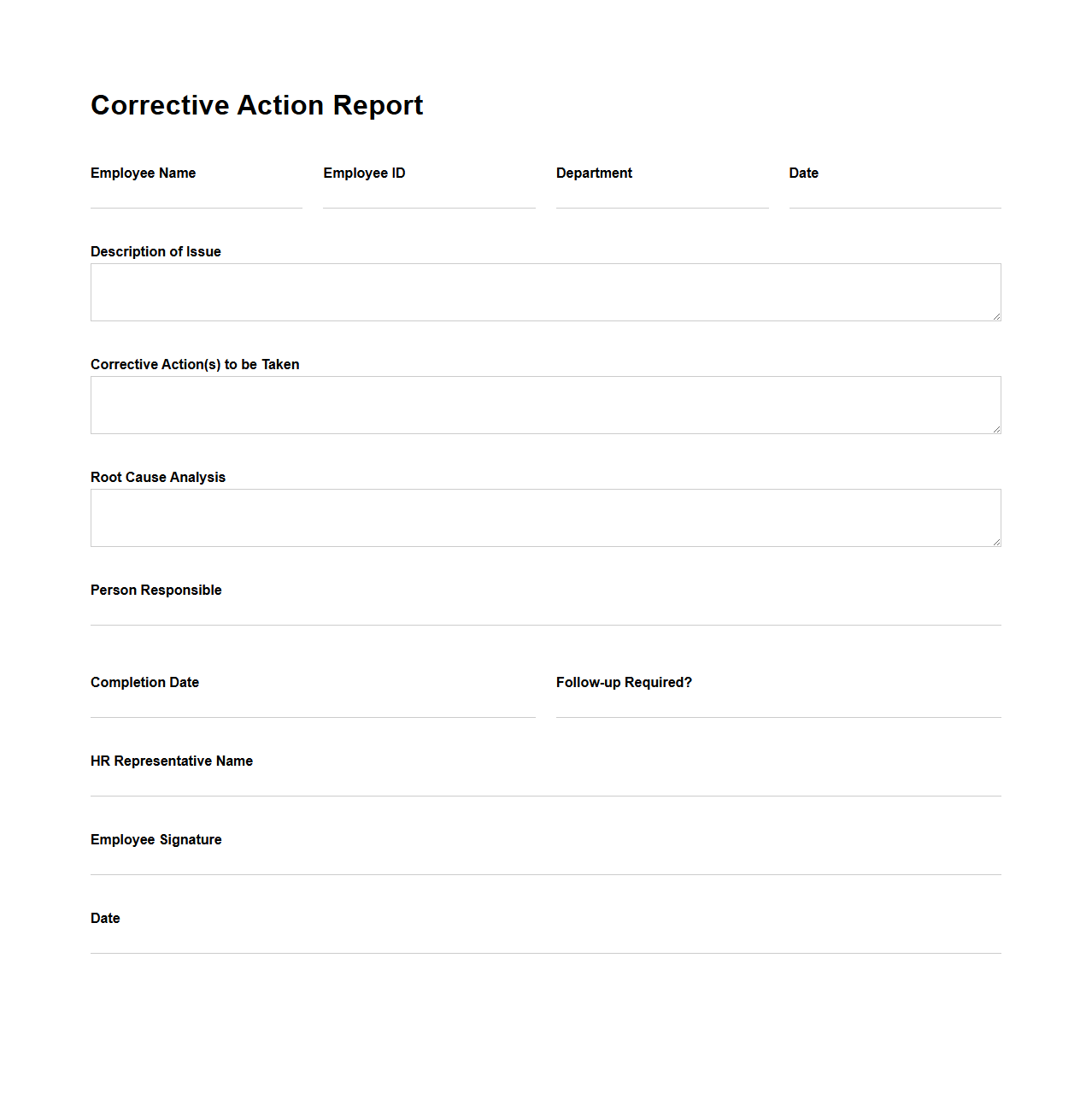 Blank Corrective Action Report Template for HR