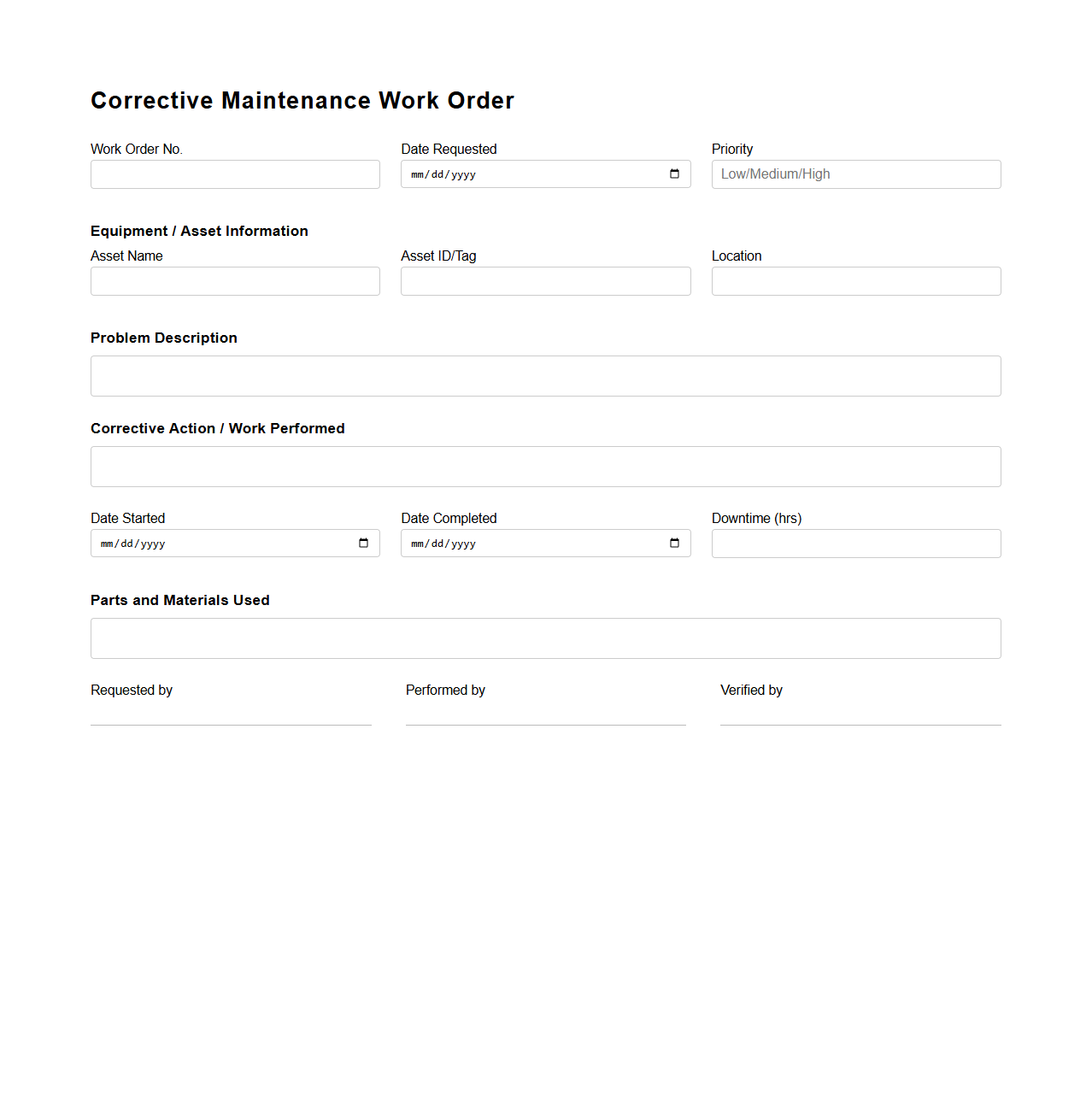 Blank Corrective Maintenance Work Order Template