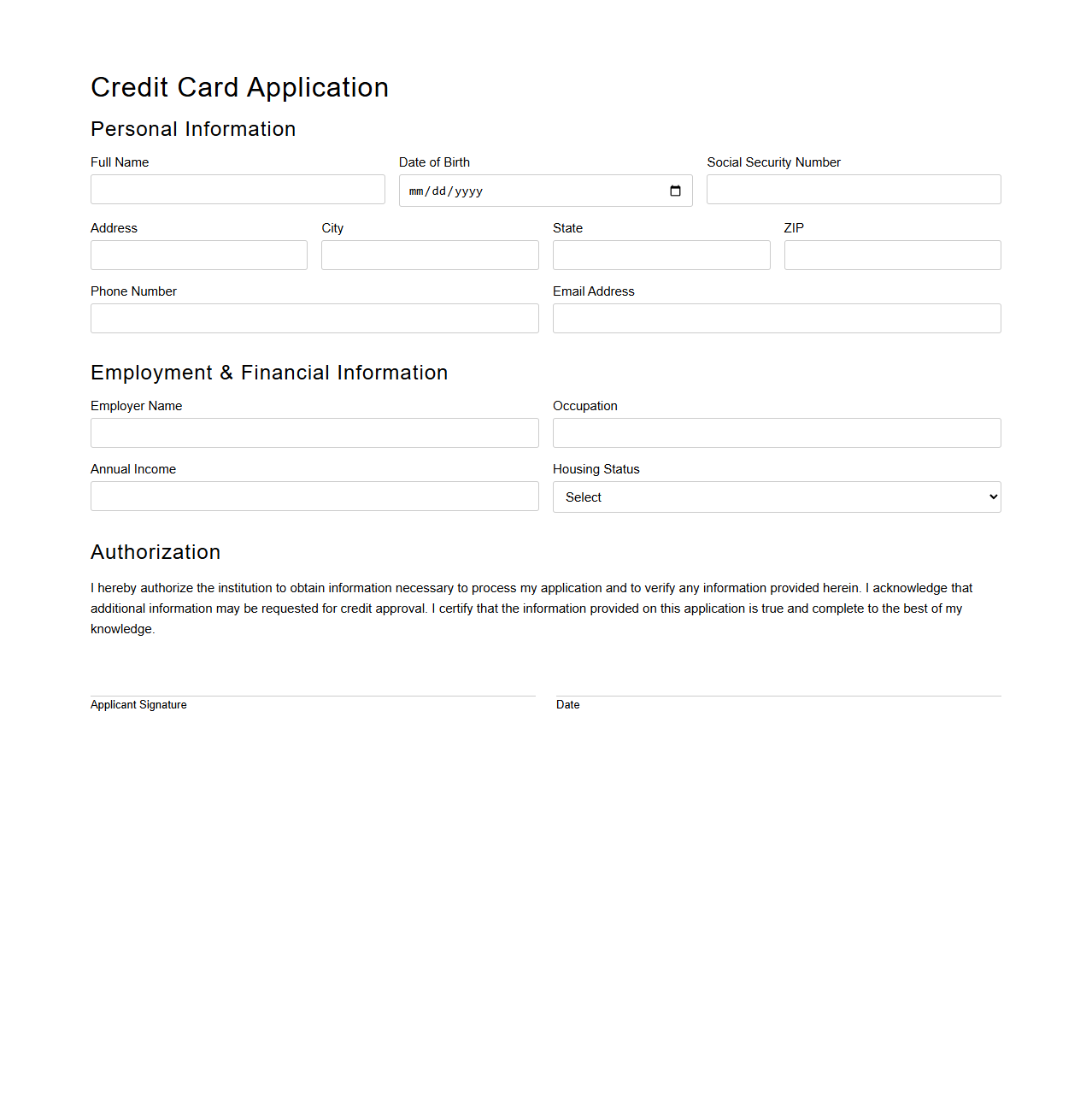 Blank Credit Card Application Template With Authorization Section