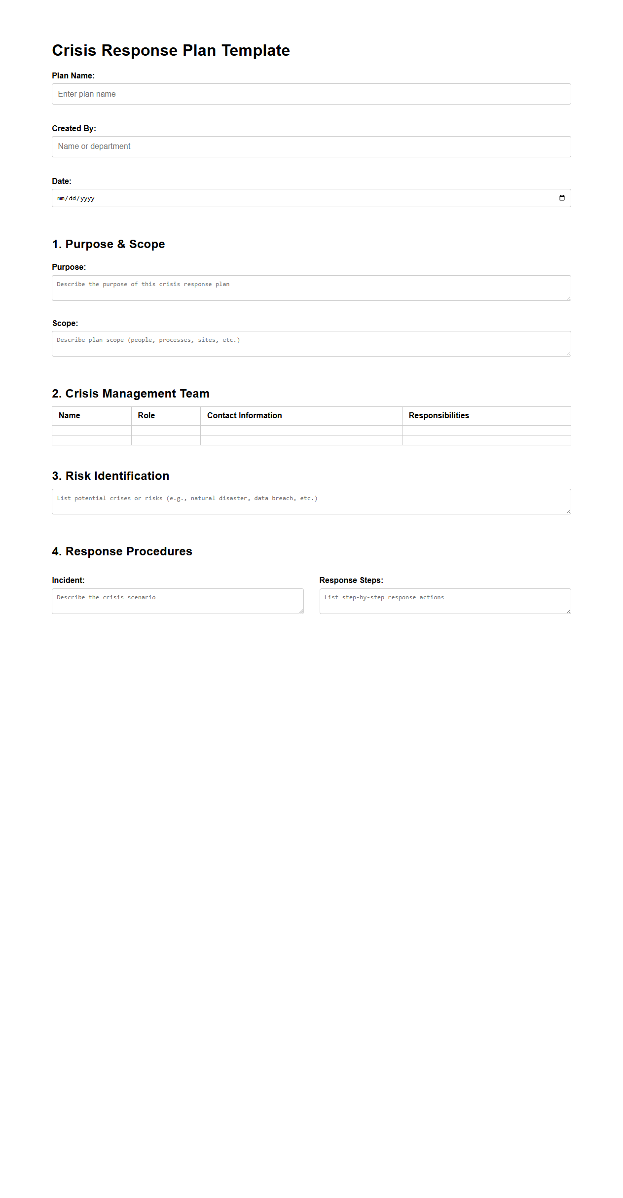 Blank Crisis Response Plan Template for Risk Management