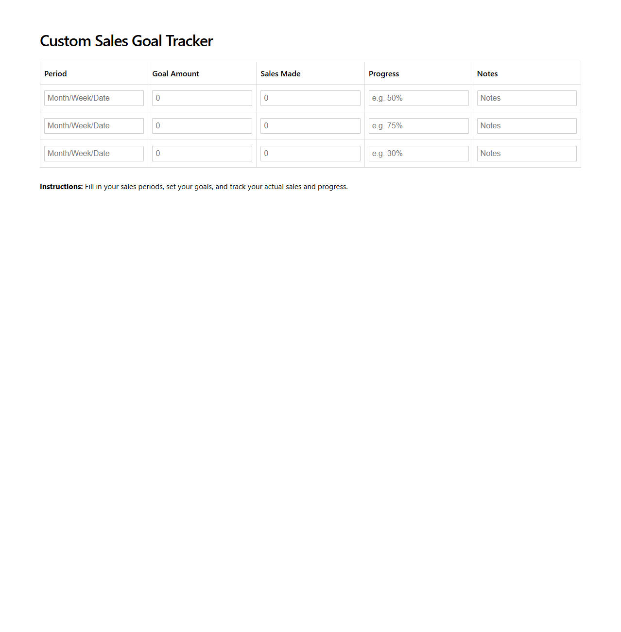 Blank Custom Sales Goal Tracker Template