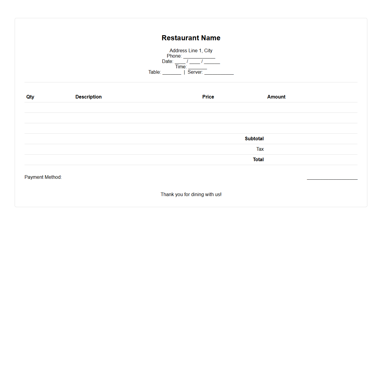 Blank Customer Dining Receipt Example