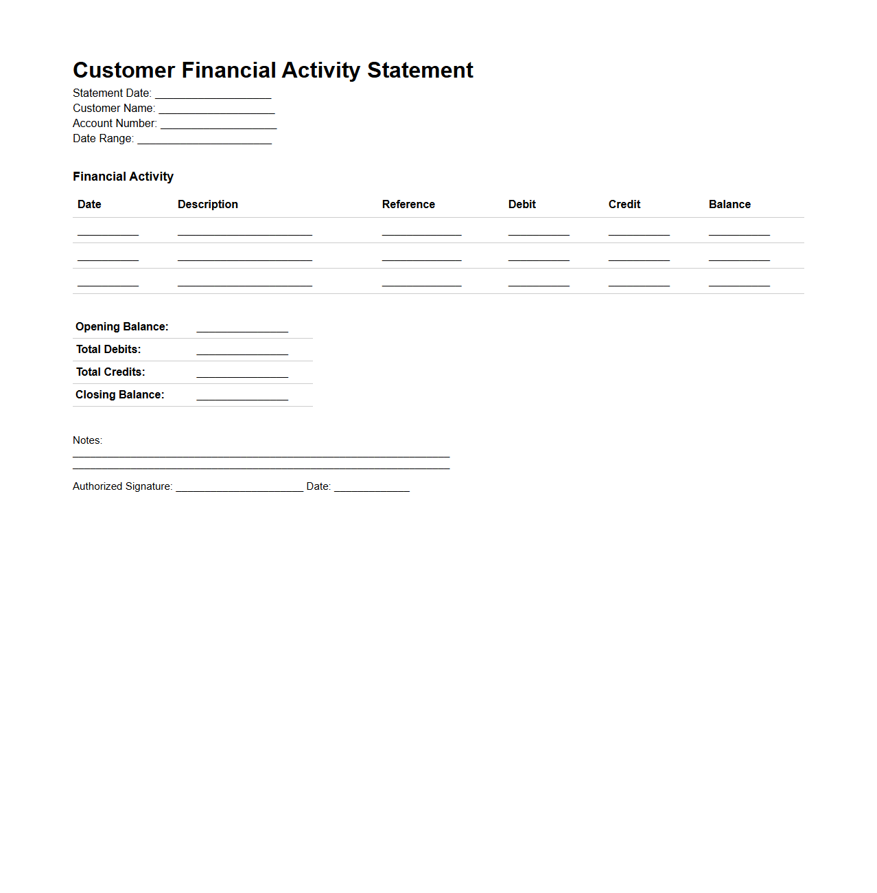 Blank Customer Financial Activity Statement