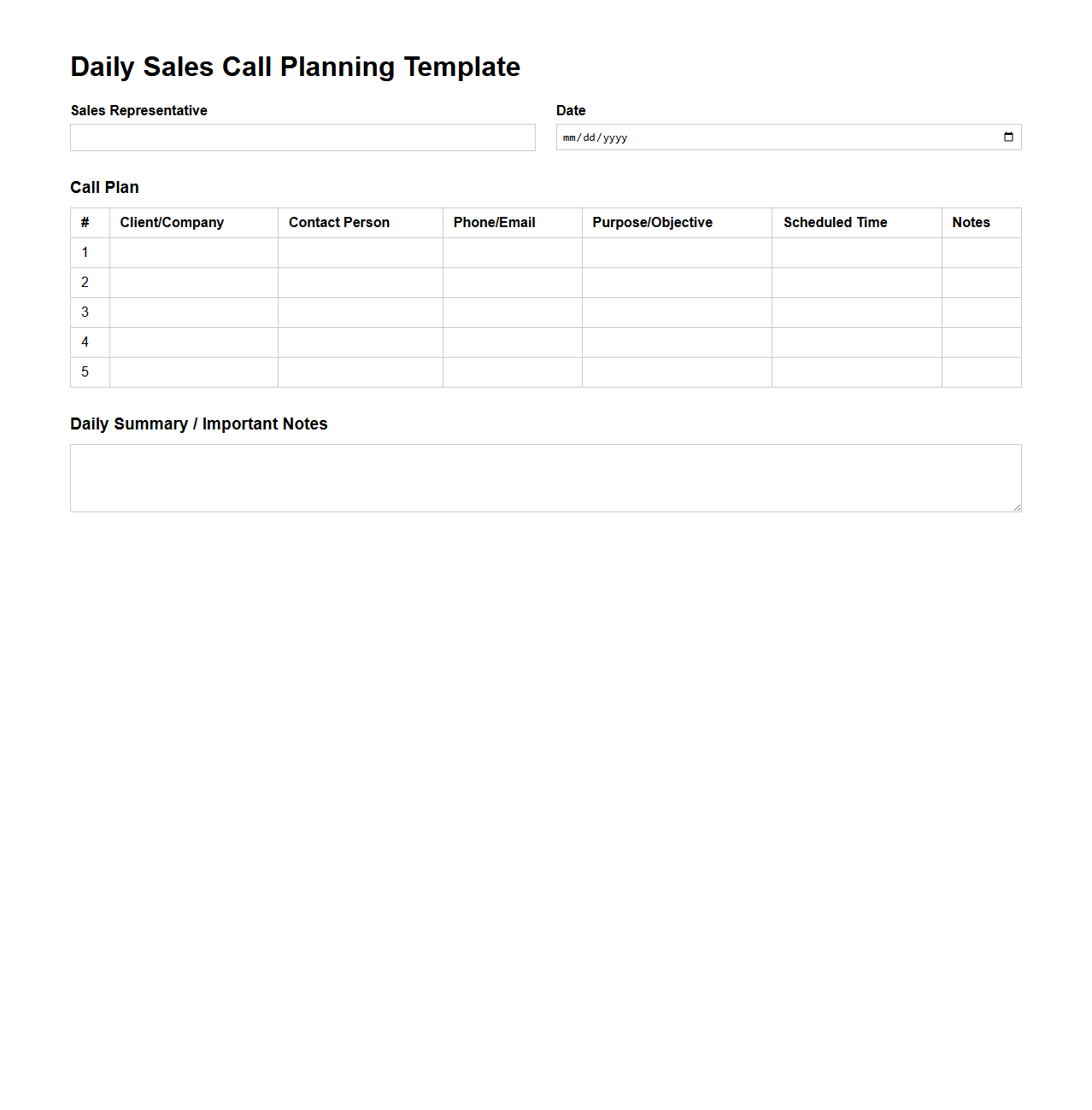 Blank Daily Sales Call Planning Template