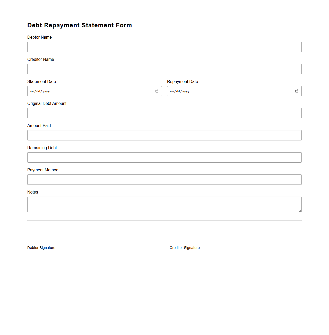 Blank Debt Repayment Statement Form