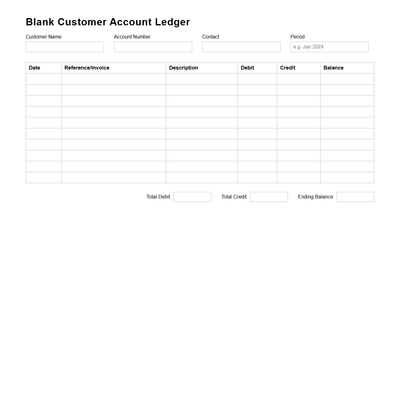 Blank Detailed Customer Account Ledger