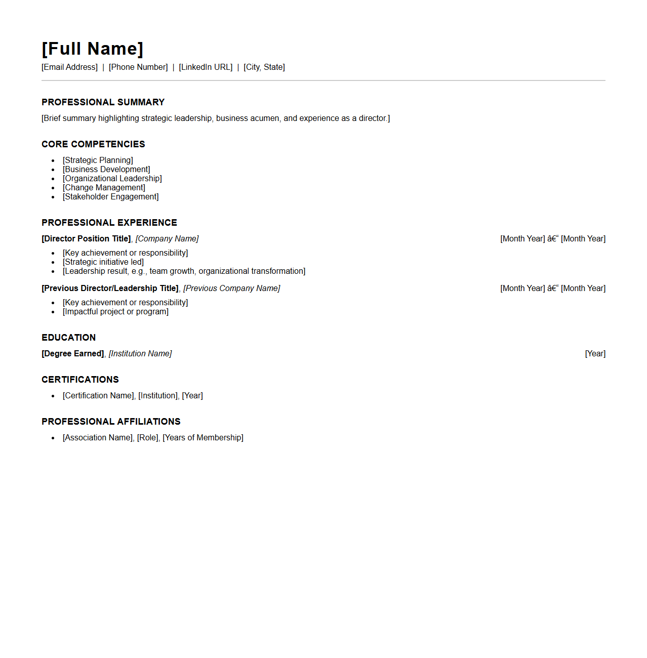 Blank Director Resume Template for Strategic Leadership