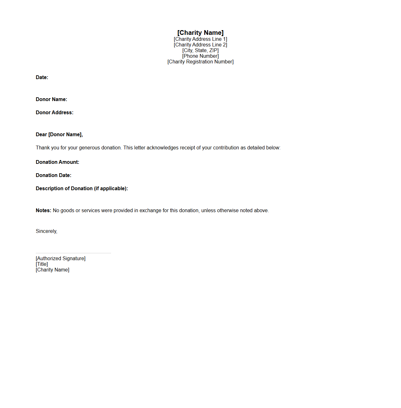 Blank Donation Receipt Letter Template for Charities