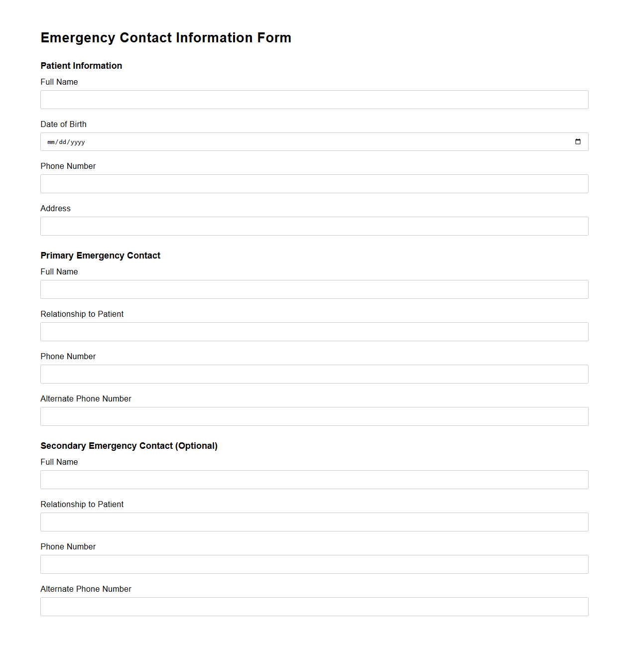 Blank Emergency Contact Information Form for Medical Offices