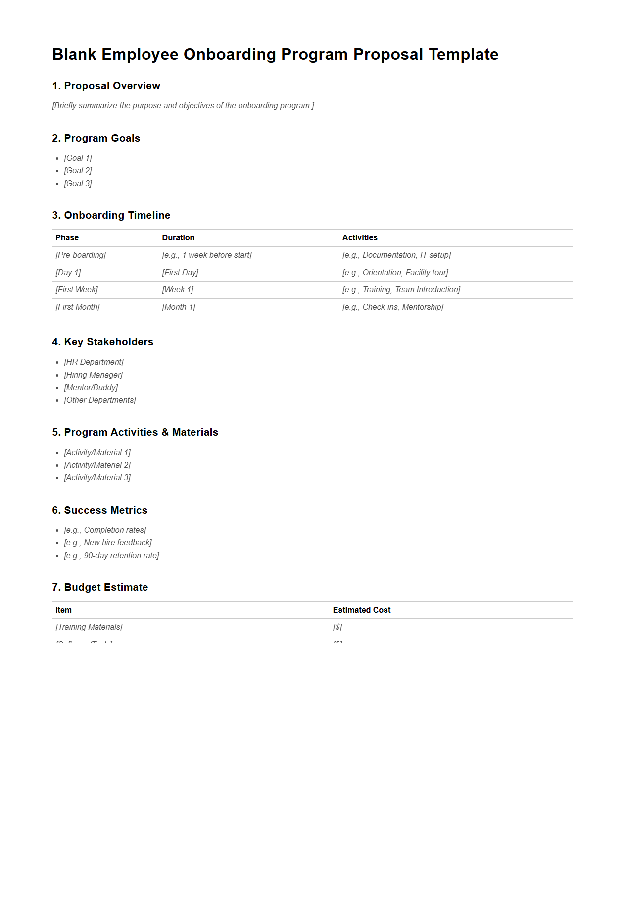 Blank Employee Onboarding Program Proposal Template