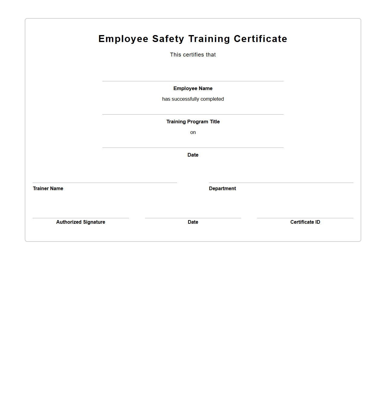 Blank Employee Safety Training Certificate