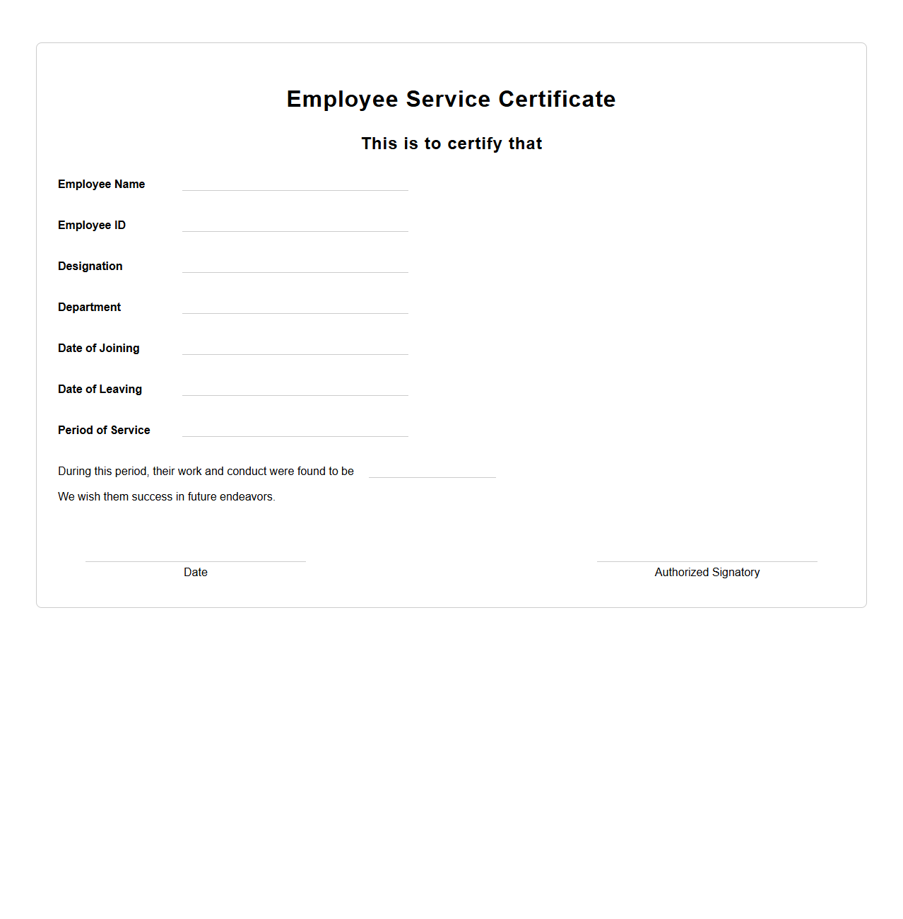 Blank Employee Service Certificate Template