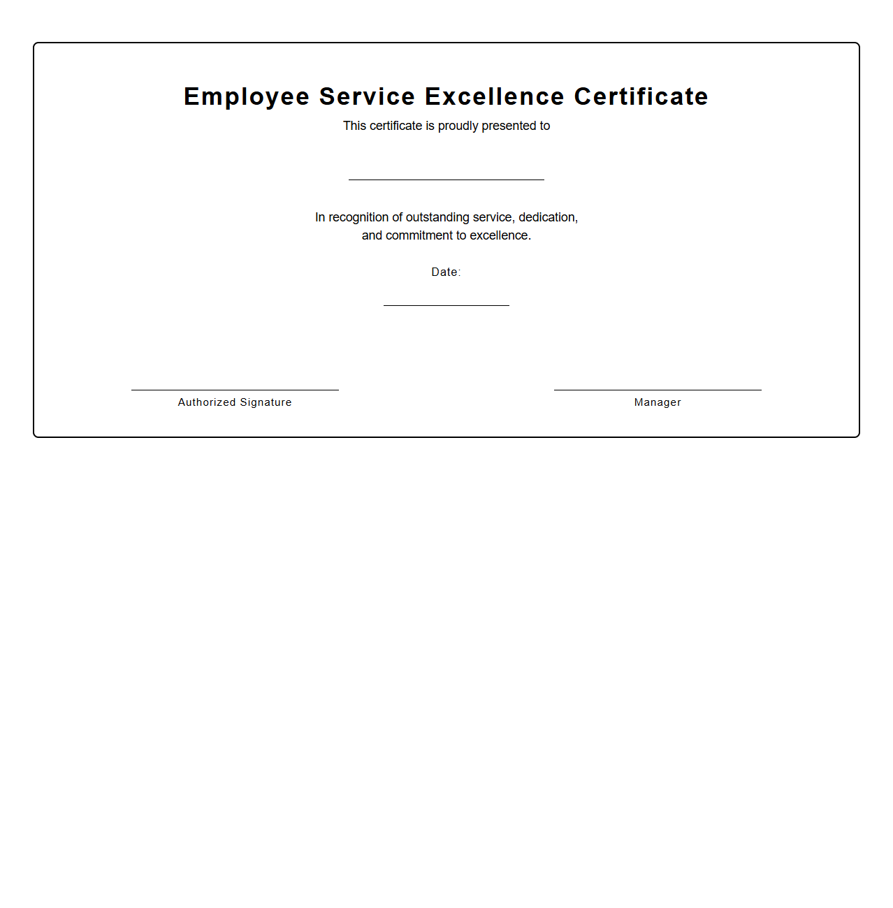 Blank Employee Service Excellence Certificate