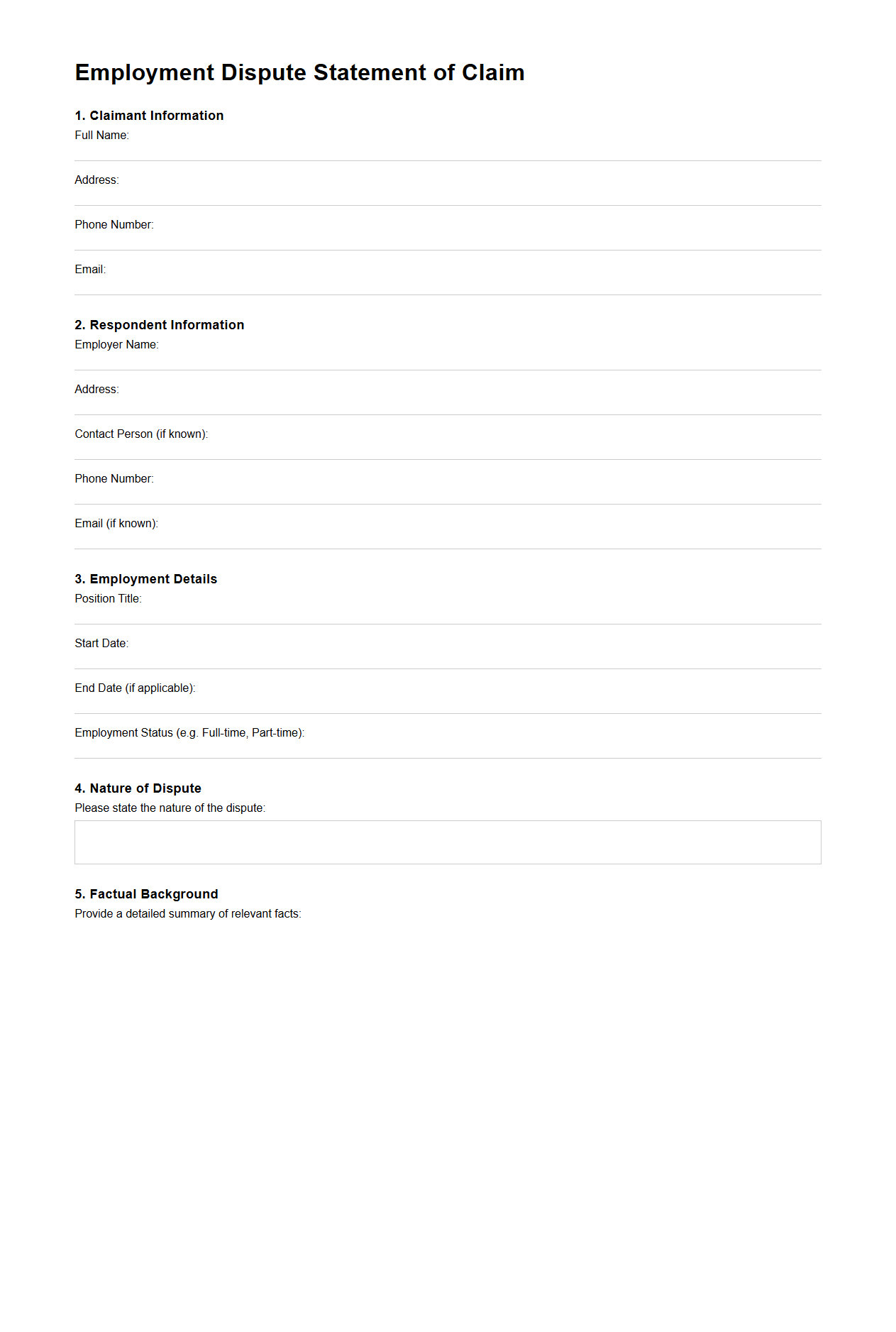 Blank Employment Dispute Statement of Claim Template