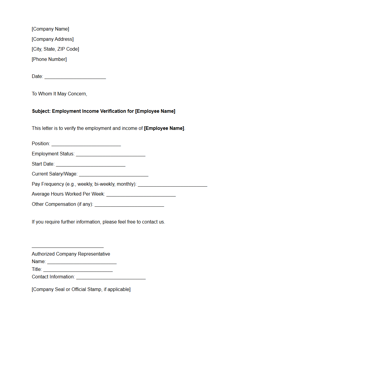 Blank Employment Income Verification Letter