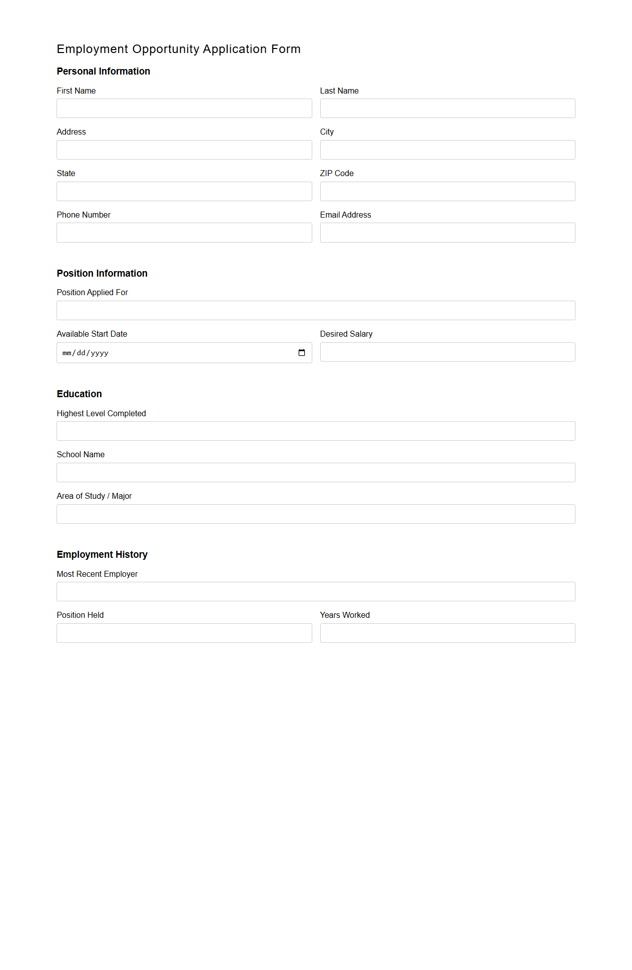 Blank Employment Opportunity Application Form