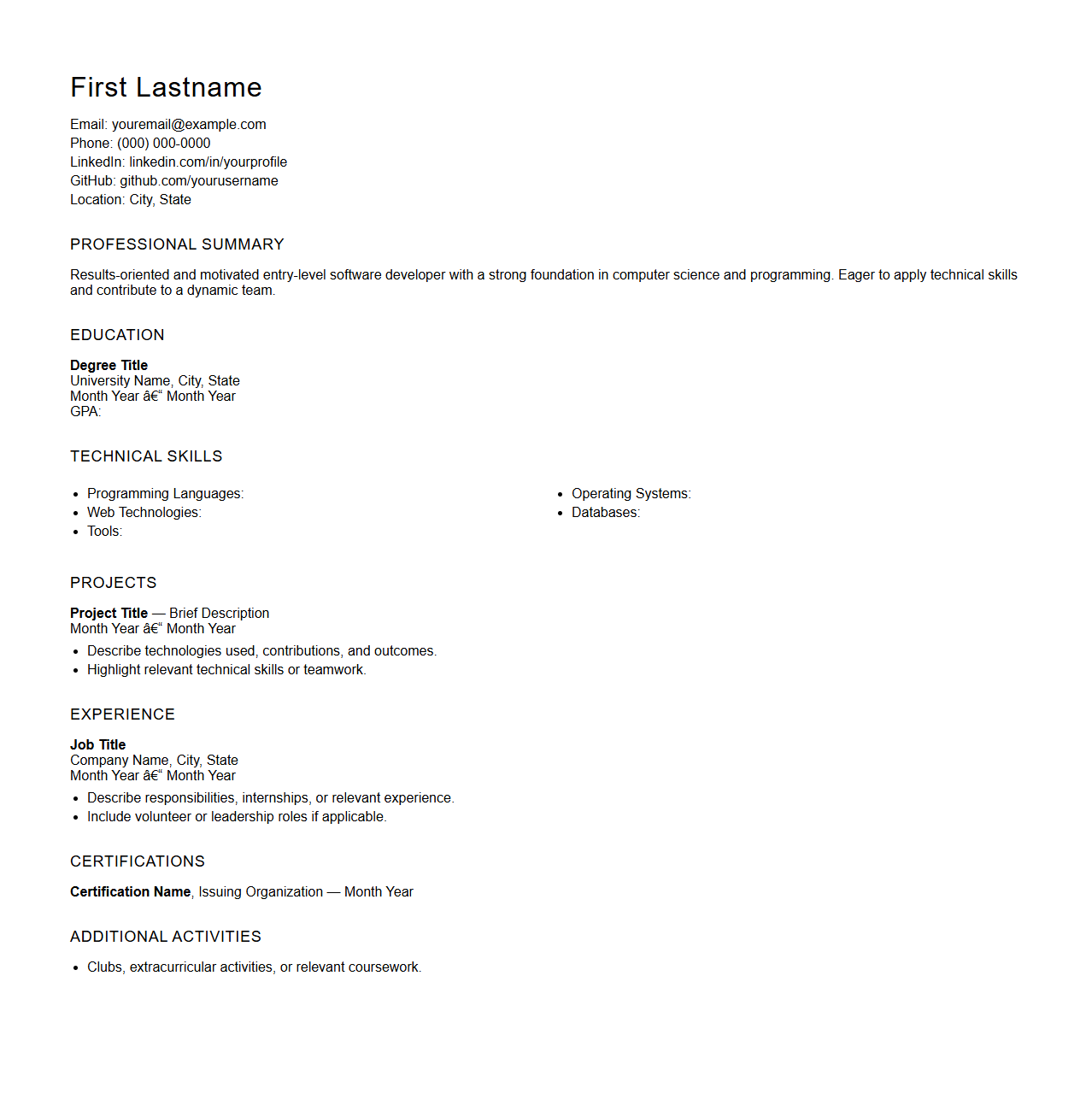 Blank Entry-Level Software Developer Resume Template