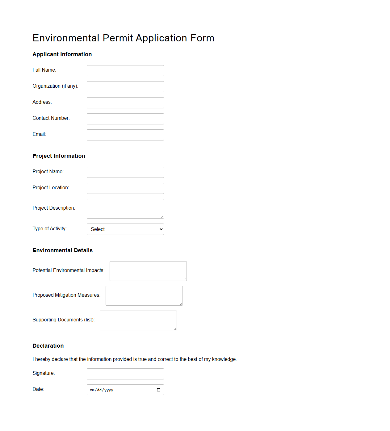 Blank Environmental Permit Application Form