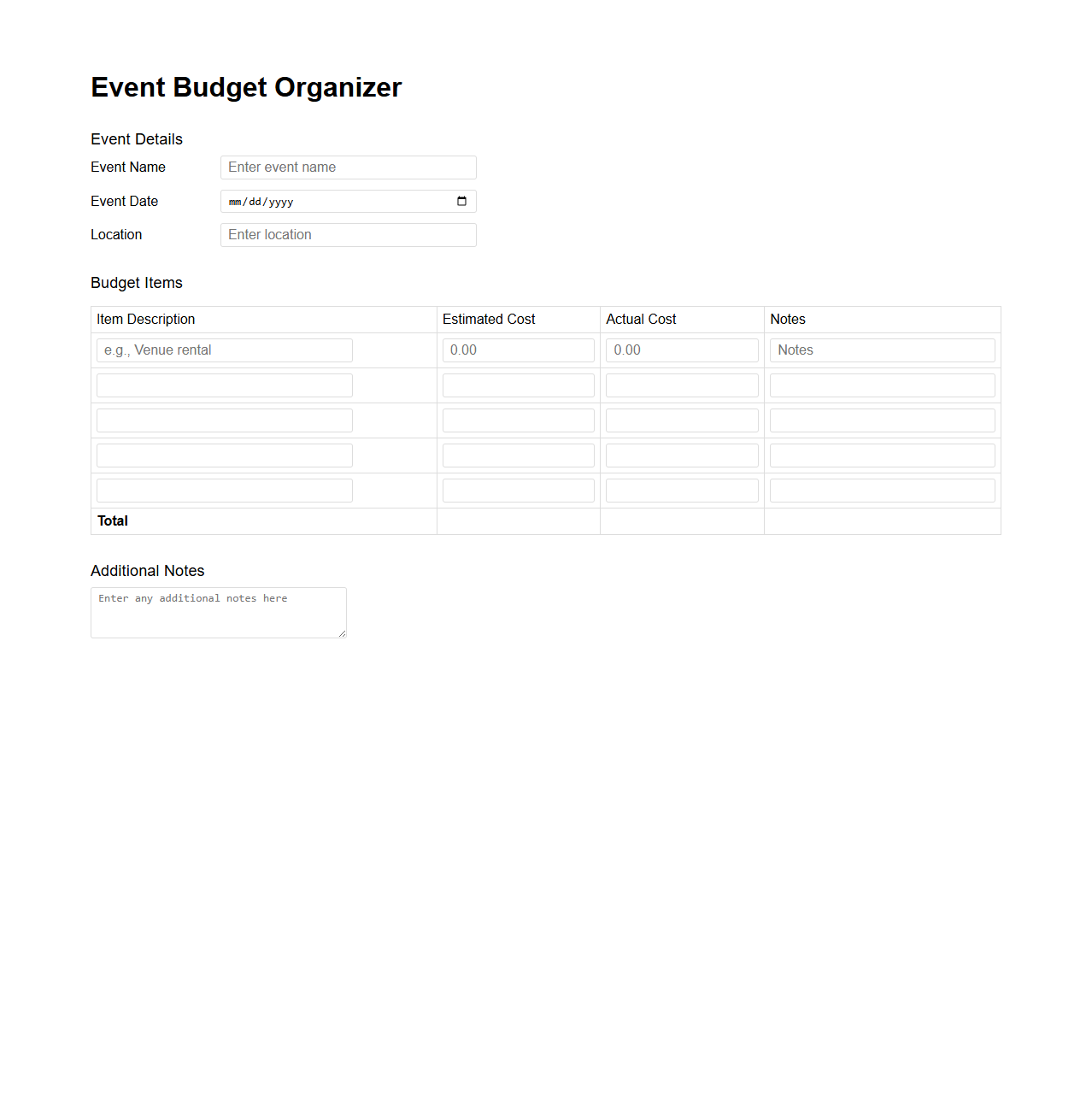 Blank Event Budget Organizer Template