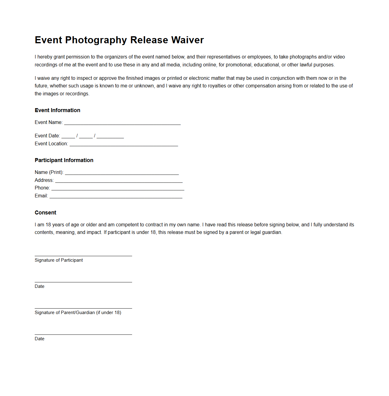 Blank Event Photography Release Waiver