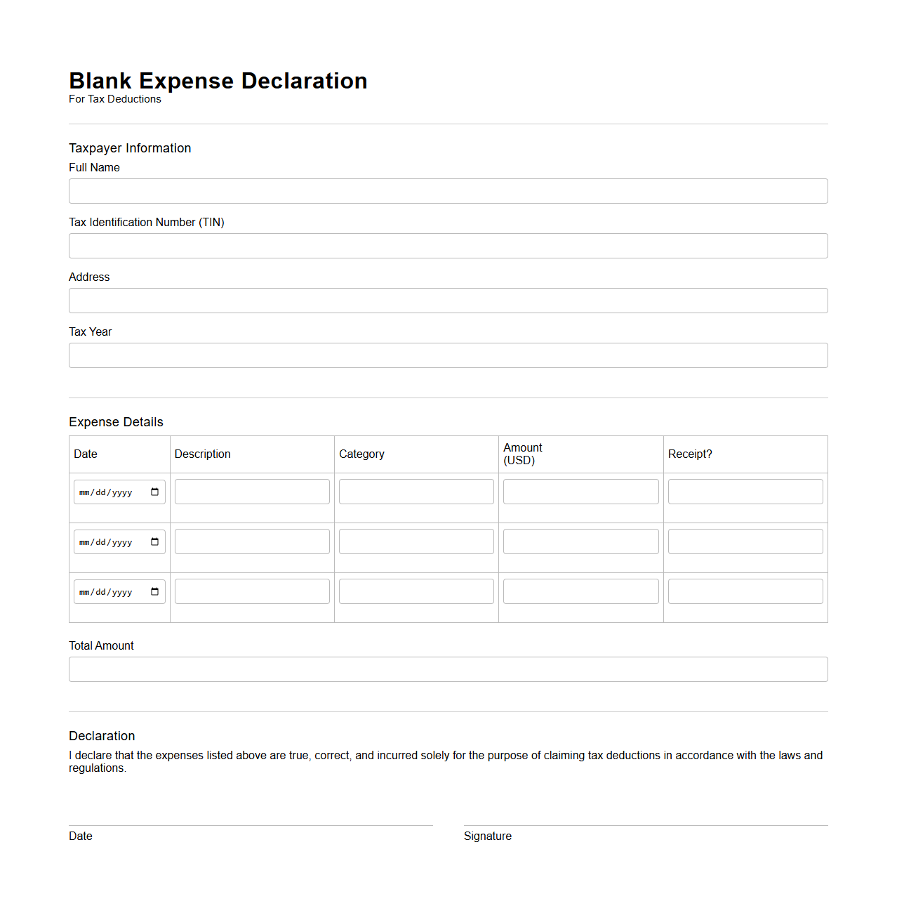 Blank Expense Declaration Template for Tax Deductions