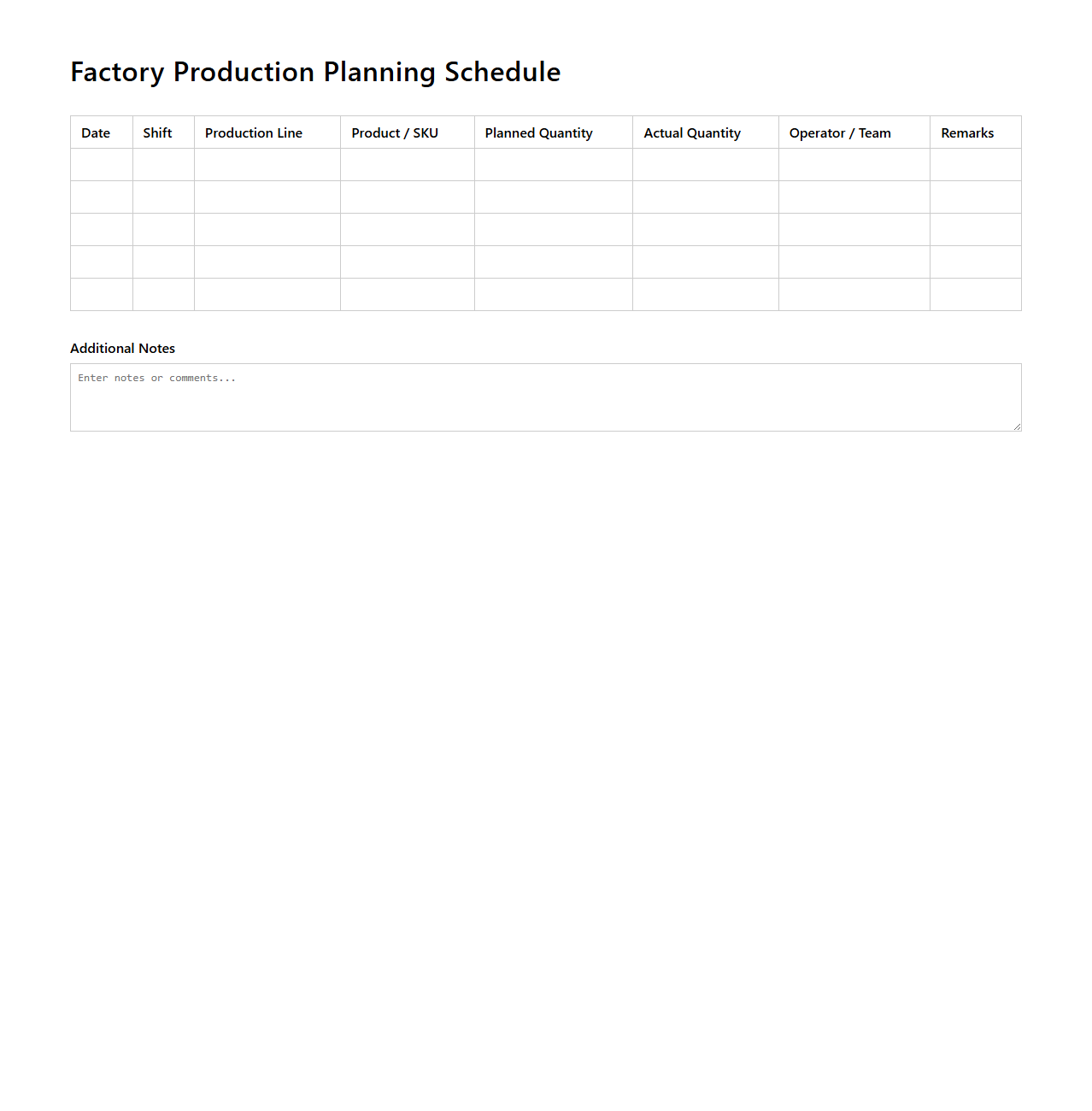 Blank Factory Production Planning Schedule Template