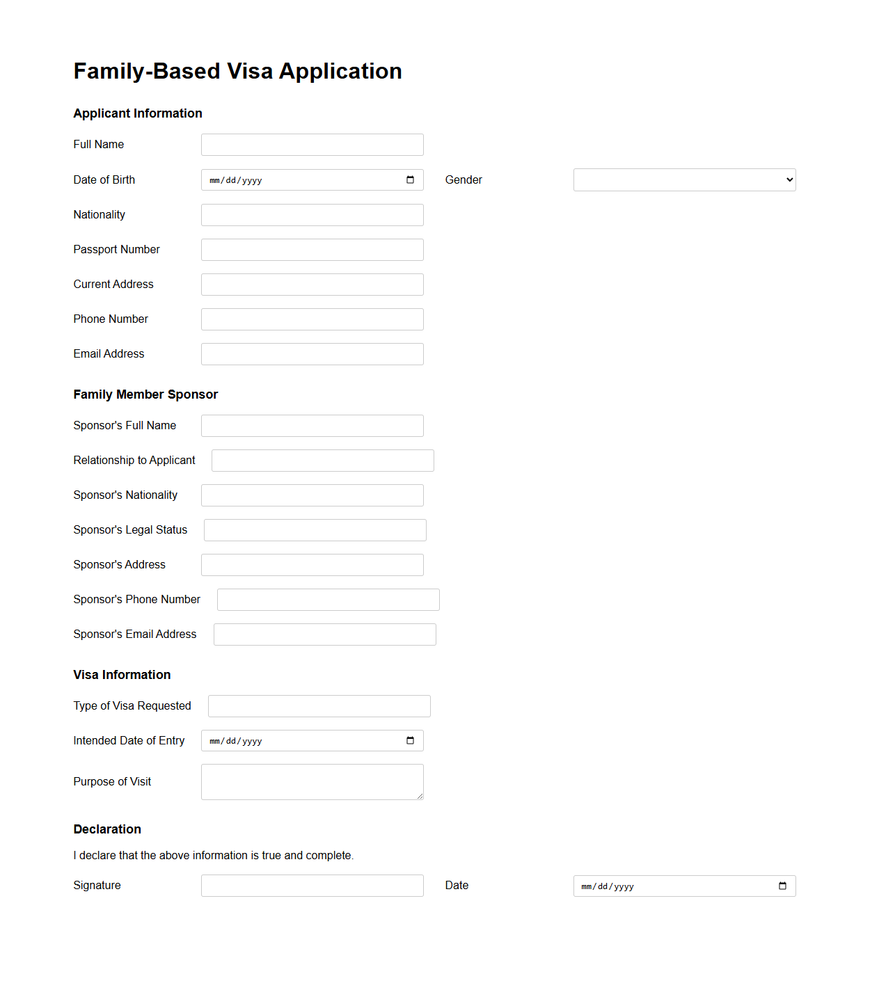 Blank Family-Based Visa Application Template