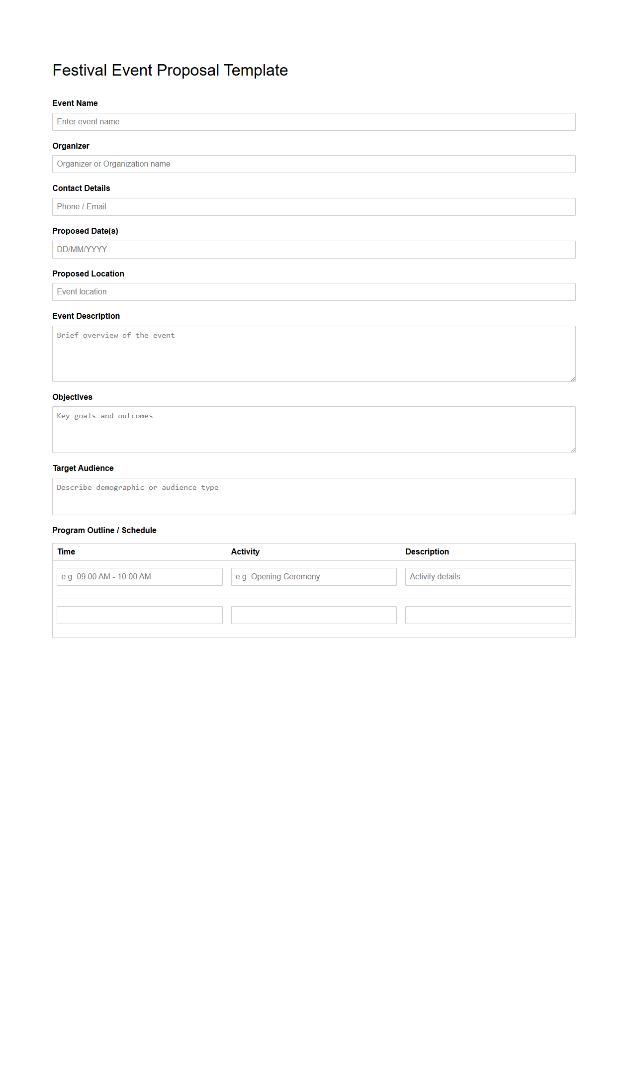 Blank Festival Event Proposal Template